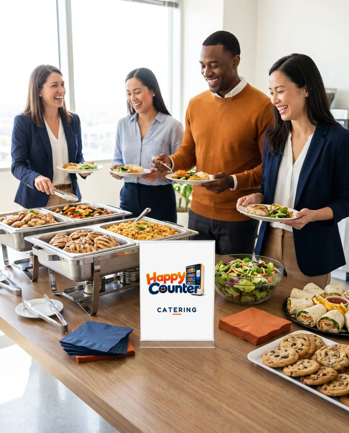 Coworkers serving themselves from a Happy Counter catered buffet