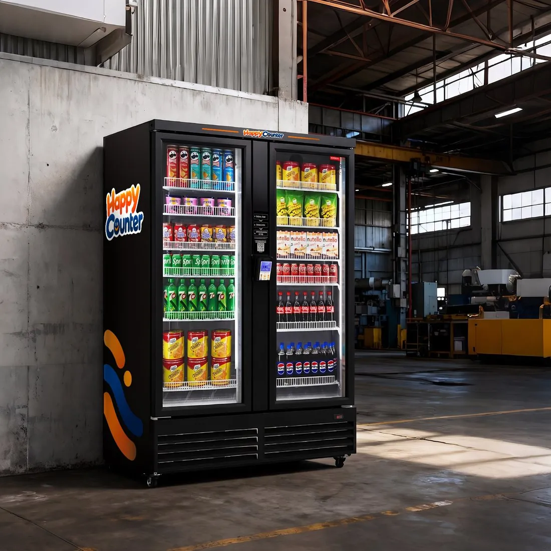 Double-door AI vending machine in a warehouse