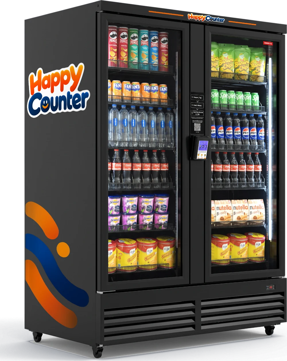 Double-door AI vending machine with the Happy Counter logo above the doors