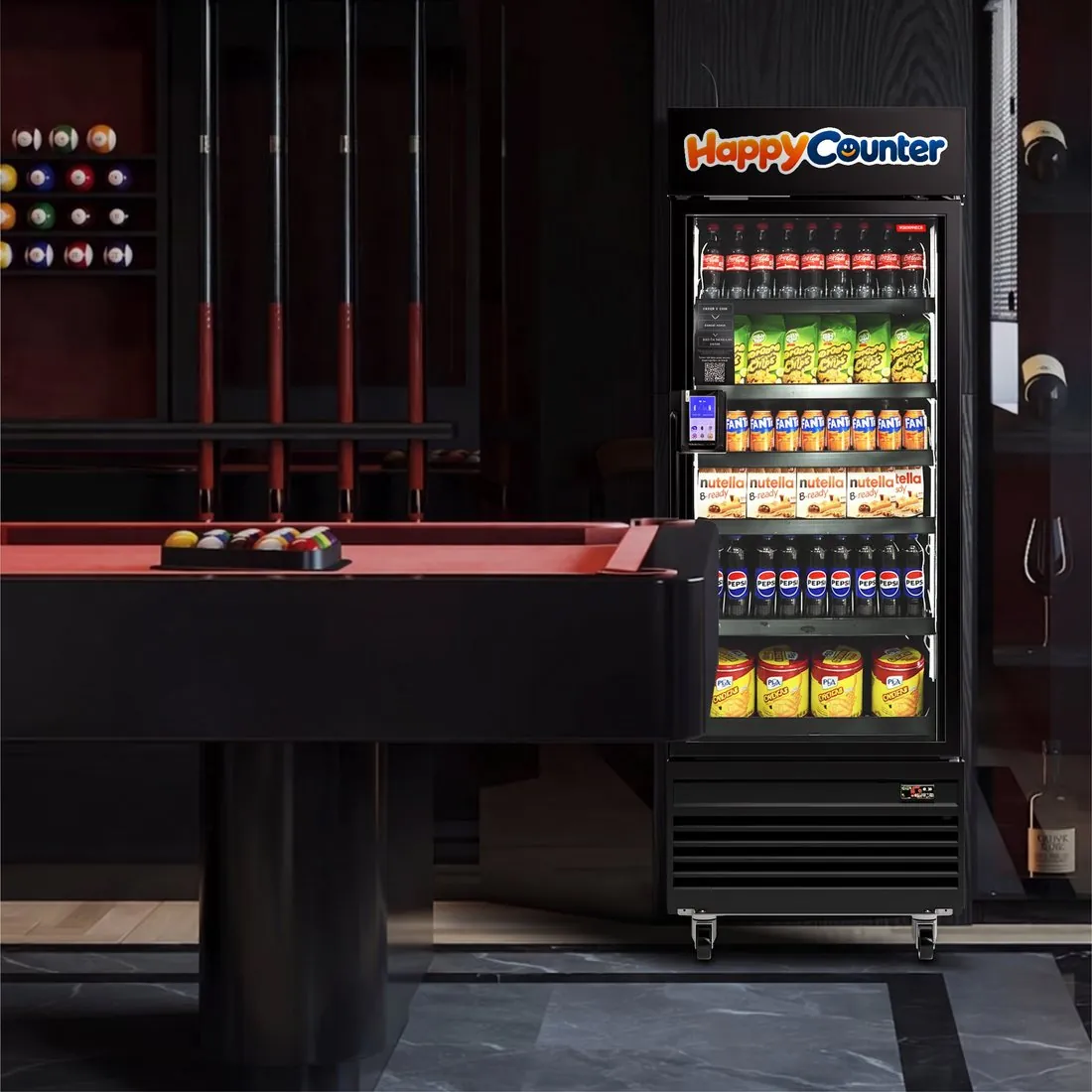 Single-door AI vending machine in a lounge